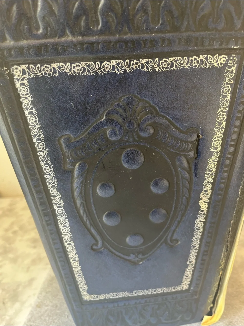 Vintage Italian Florentine Wastebasket Faux Leather Dark Navy Blue Collapsible